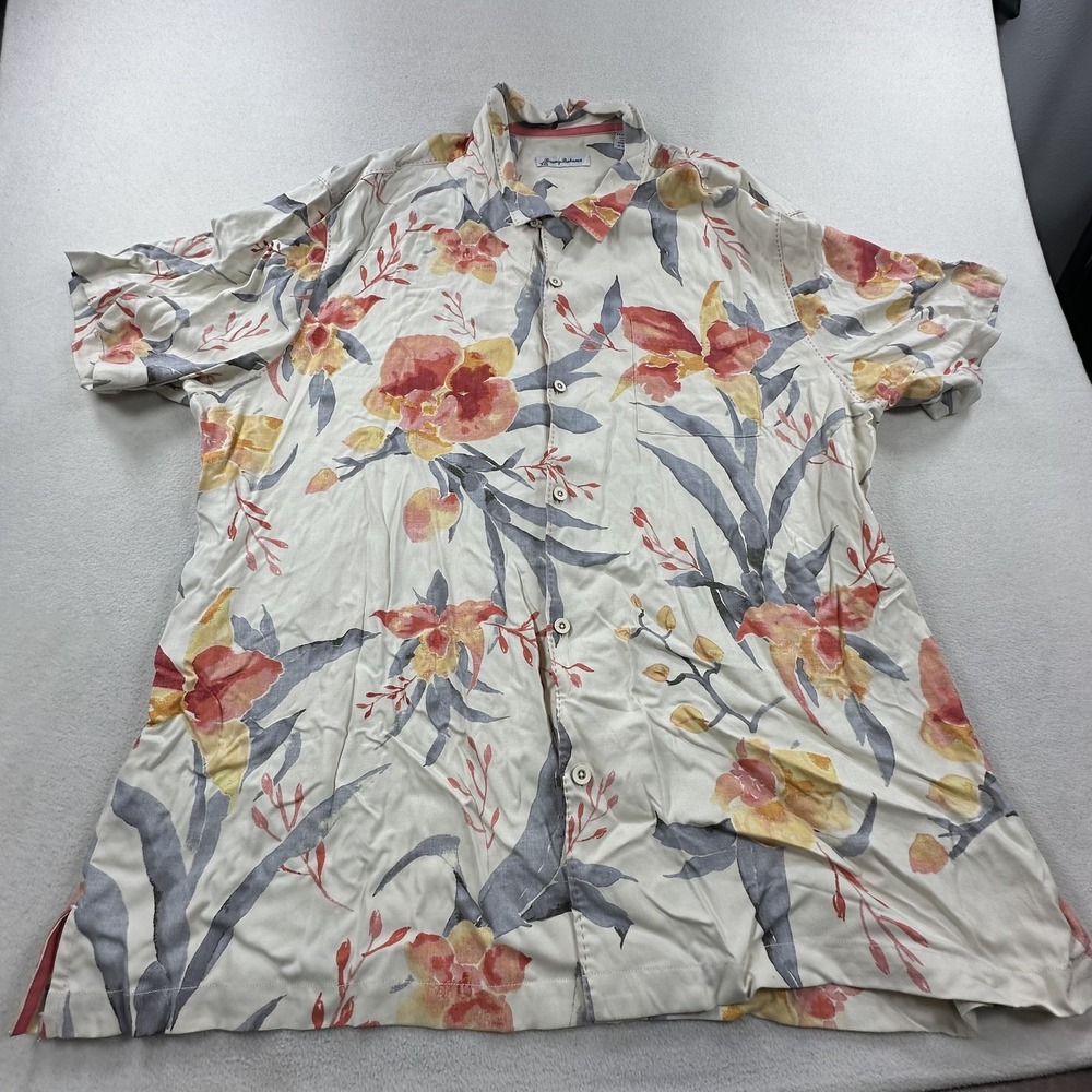 Tommy Bahama Shirt Mens 3XL White Floral Hawaiian Silk Short Sleeve Button Up